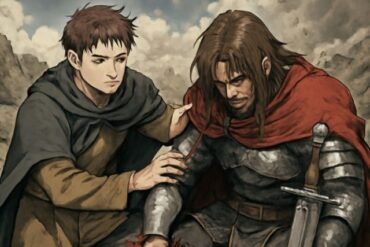 Two armored men embrace, symbolizing friendship in "He Became the Only Ally of the Abandoned Warrior" manga.