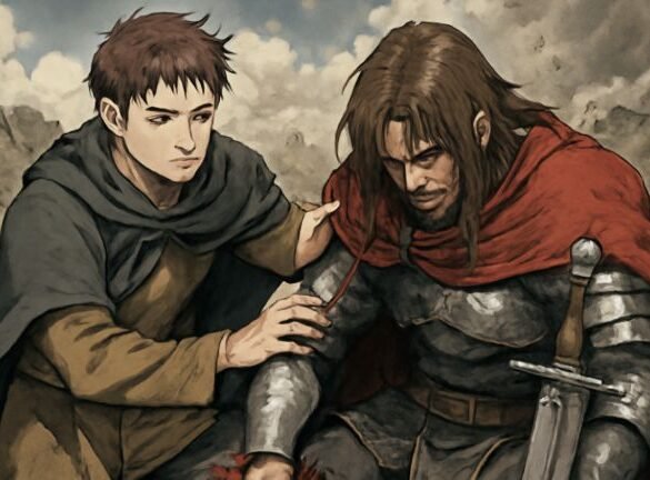 Two armored men embrace, symbolizing friendship in "He Became the Only Ally of the Abandoned Warrior" manga.