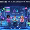 Three friends sit on a couch, engaging with vibrant digital chat interfaces and interactive elements showcasing 321 Chatting.