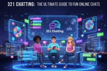 Three friends sit on a couch, engaging with vibrant digital chat interfaces and interactive elements showcasing 321 Chatting.