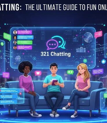 Three friends sit on a couch, engaging with vibrant digital chat interfaces and interactive elements showcasing 321 Chatting.