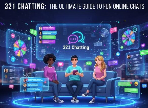 Three friends sit on a couch, engaging with vibrant digital chat interfaces and interactive elements showcasing 321 Chatting.