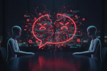 Two humanoid figures sit at a table, facing a holographic display of an angry chat symbol filled with digital elements.