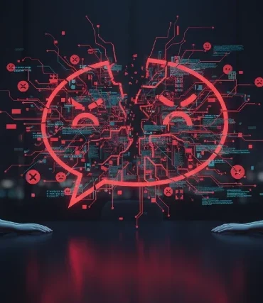 Two humanoid figures sit at a table, facing a holographic display of an angry chat symbol filled with digital elements.