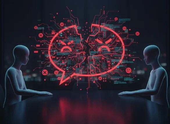 Two humanoid figures sit at a table, facing a holographic display of an angry chat symbol filled with digital elements.