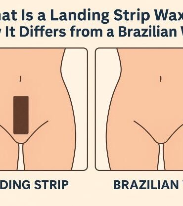 Illustration comparing landing strip wax (narrow strip) and Brazilian wax (full hair removal) on a female silhouette.