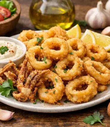 Calamariere grilled squid meal with healthy Mediterranean sides on a plate