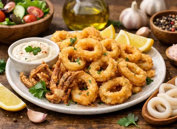 Calamariere grilled squid meal with healthy Mediterranean sides on a plate