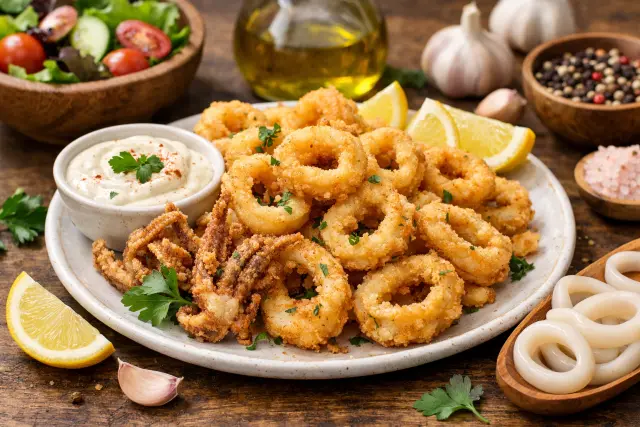 Calamariere grilled squid meal with healthy Mediterranean sides on a plate