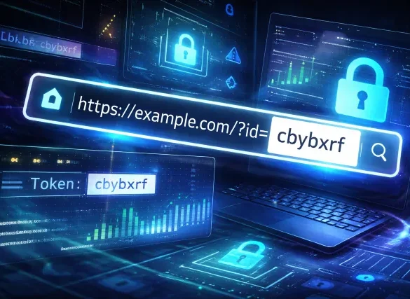 Cbybxrf shown as a random identifier in a URL, app logs, and security dashboards representing tokens, tracking parameters, and opaque system IDs.