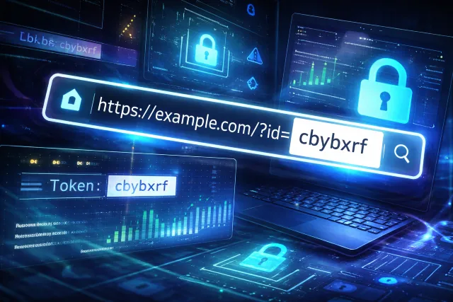Cbybxrf shown as a random identifier in a URL, app logs, and security dashboards representing tokens, tracking parameters, and opaque system IDs.