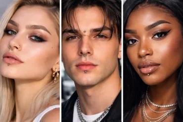 Face Piercings trend 2026 featuring septum, bridge, labret, and curated nose piercings without text