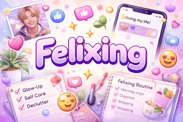Felixing keyword trend concept shown through social media captions, fandom tags, and lifestyle reset themes in a modern digital culture context.