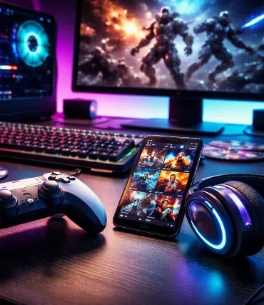 Gameszfun gaming news concept with modern controller, headset, and glowing setup on a desk, no text