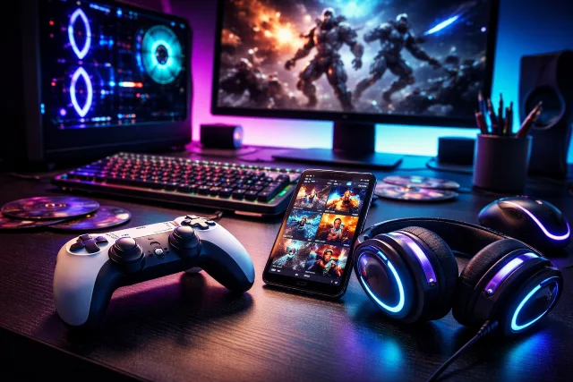 Gameszfun gaming news concept with modern controller, headset, and glowing setup on a desk, no text