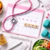 Gynecube PCOS health concept with calendar, stethoscope, and healthy lifestyle items on a clean desk, no text