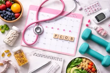 Gynecube PCOS health concept with calendar, stethoscope, and healthy lifestyle items on a clean desk, no text