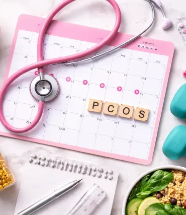 Gynecube PCOS health concept with calendar, stethoscope, and healthy lifestyle items on a clean desk, no text