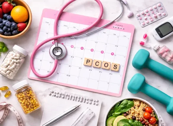 Gynecube PCOS health concept with calendar, stethoscope, and healthy lifestyle items on a clean desk, no text