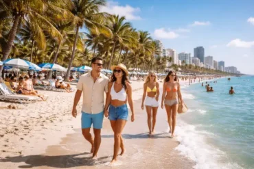 Miami Florida Verenigde Staten sunny beach scene with palm trees, blue ocean, and travelers walking along the shoreline in warm weather without text