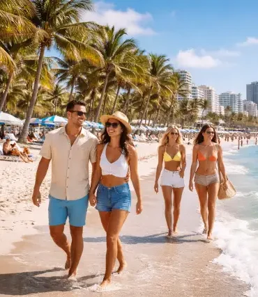 Miami Florida Verenigde Staten sunny beach scene with palm trees, blue ocean, and travelers walking along the shoreline in warm weather without text
