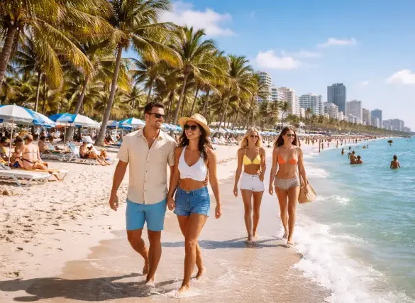 Miami Florida Verenigde Staten sunny beach scene with palm trees, blue ocean, and travelers walking along the shoreline in warm weather without text