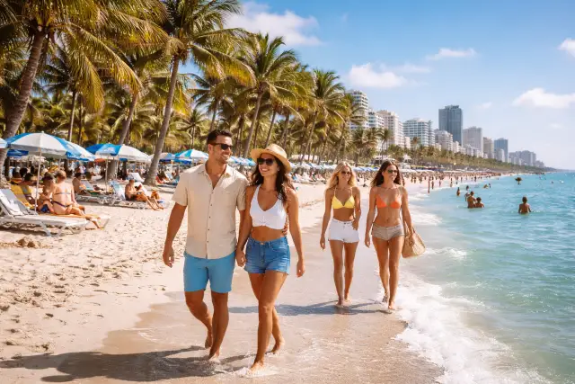 Miami Florida Verenigde Staten sunny beach scene with palm trees, blue ocean, and travelers walking along the shoreline in warm weather without text