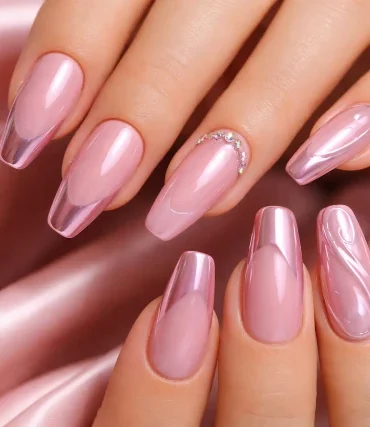 Pink Chrome Nails with glossy mirror chrome finish in blush pink and French tip designs for seasonal nail inspiration.
