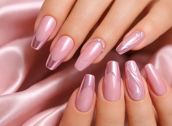 Pink Chrome Nails with glossy mirror chrome finish in blush pink and French tip designs for seasonal nail inspiration.