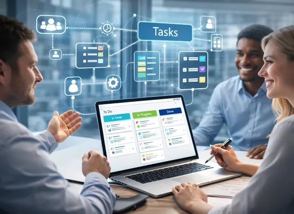 Rtasks for teams workflow board showing tasks from inbox to done