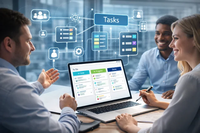 Rtasks for teams workflow board showing tasks from inbox to done