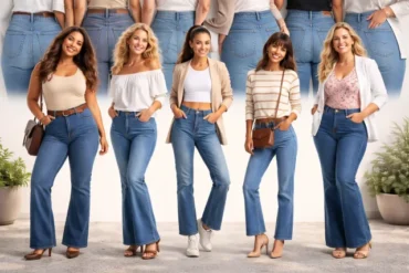 Simcha Jeans denim fit guide showing different body types wearing straight, bootcut, wide-leg, and high-rise jeans with balanced proportions