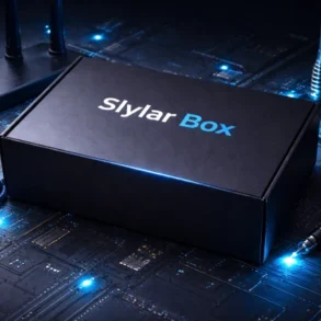 Slylar Box latest tech gadgets and smart accessories flat lay on a modern desk without text