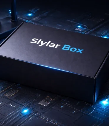 Slylar Box latest tech gadgets and smart accessories flat lay on a modern desk without text