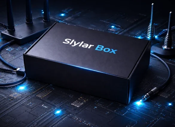 Slylar Box latest tech gadgets and smart accessories flat lay on a modern desk without text