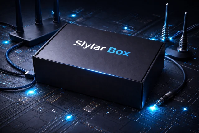 Slylar Box latest tech gadgets and smart accessories flat lay on a modern desk without text