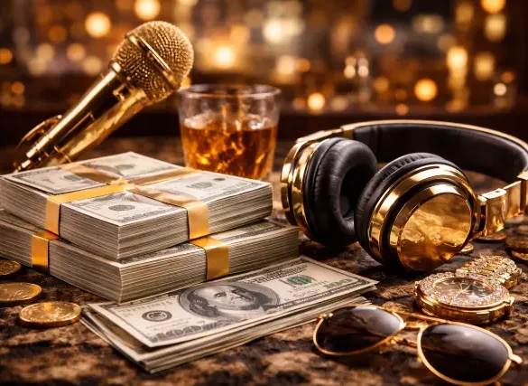 Songs About Money feature image with neon city skyline, gold coins, and music notes