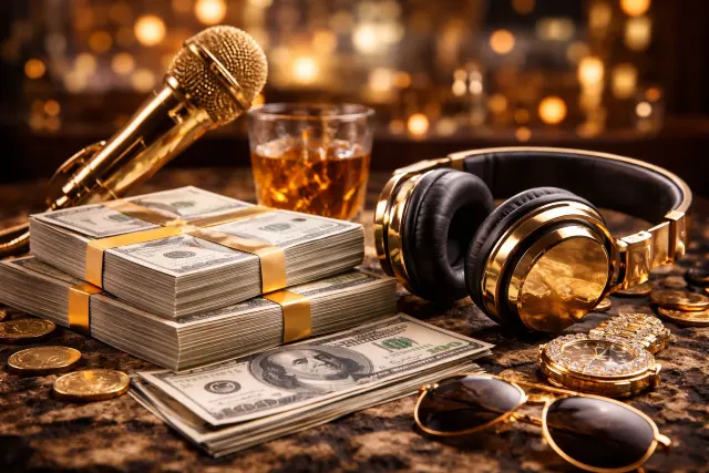 Songs About Money feature image with neon city skyline, gold coins, and music notes