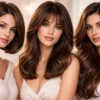 Chocolate brown hair in short bob, medium lob, and long layered styles with glossy finish and subtle balayage highlights for a trendy brunette look.
