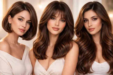 Chocolate brown hair in short bob, medium lob, and long layered styles with glossy finish and subtle balayage highlights for a trendy brunette look.