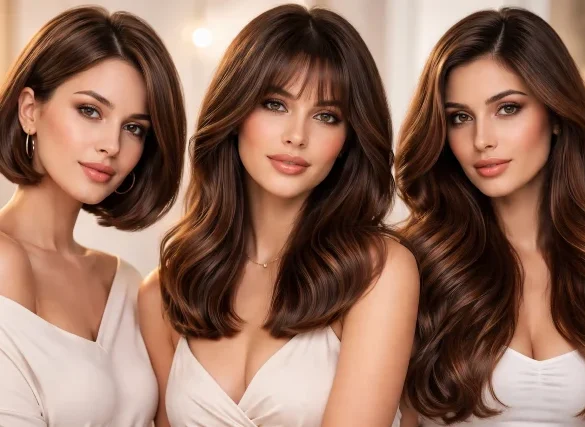Chocolate brown hair in short bob, medium lob, and long layered styles with glossy finish and subtle balayage highlights for a trendy brunette look.