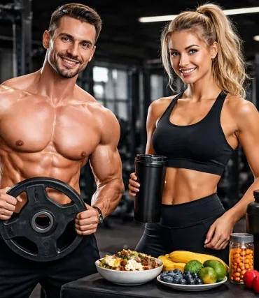 Delta Fitness Authority: two athletic trainers in a modern gym with weights, nutrition foods, and supplements, representing training, nutrition, and results guide.