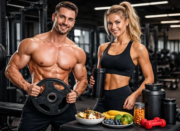 Delta Fitness Authority: two athletic trainers in a modern gym with weights, nutrition foods, and supplements, representing training, nutrition, and results guide.