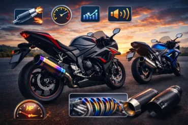 Escapamento Rd expansion chamber exhaust installed on a Yamaha RD showing header fitment, silencer, and mounting points for performance riding