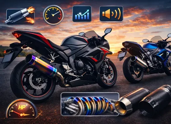 Escapamento Rd expansion chamber exhaust installed on a Yamaha RD showing header fitment, silencer, and mounting points for performance riding