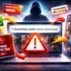 ibomma1.com movie download search risks shown with warning popups, redirect arrows, and a secure streaming screen without text