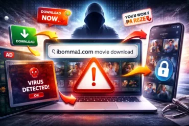 ibomma1.com movie download search risks shown with warning popups, redirect arrows, and a secure streaming screen without text