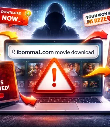 ibomma1.com movie download search risks shown with warning popups, redirect arrows, and a secure streaming screen without text