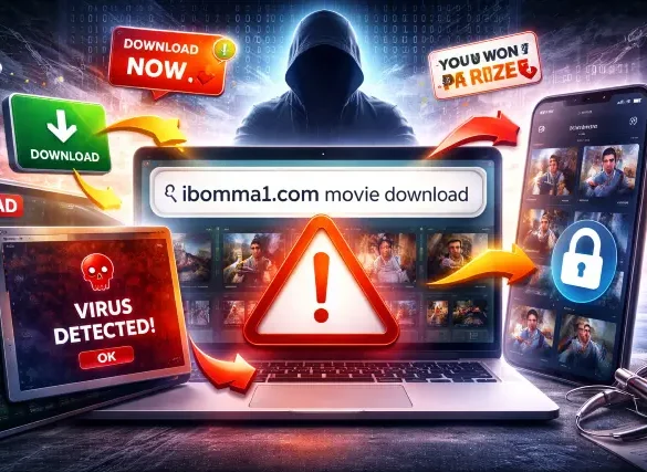 ibomma1.com movie download search risks shown with warning popups, redirect arrows, and a secure streaming screen without text