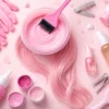 pink hair dye flat lay with color bowl, gloves, and gentle haircare products on a pastel background, no text